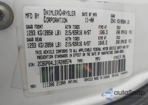 2001 Chrysler Town & Country Limited из США, поврежденный, VIN 2C8GP64L31R208574